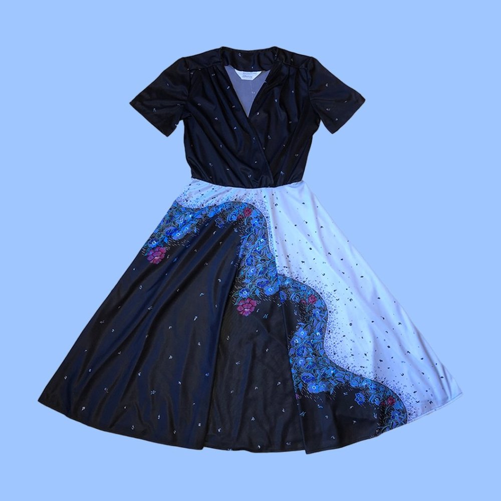 Vintage 70s Black Floral Disco Dress
